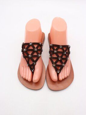 New Mystique Boutique Women's Size 6 Brown Beaded Thong Slide Sandals New Witho